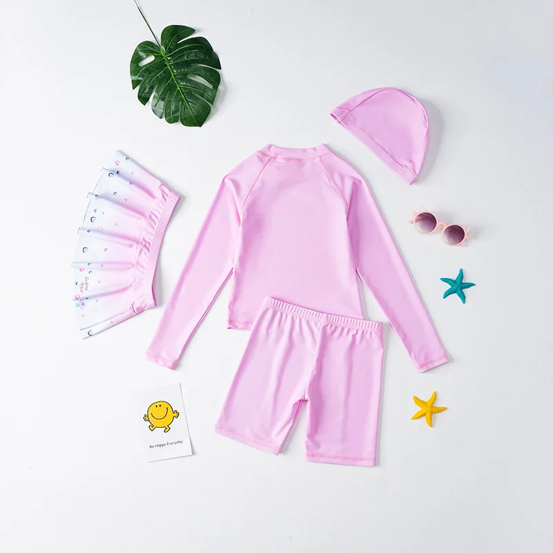 Cute Cartoon Split Swimsuit with Swim Cap for Girls, Long Sleeve, Sun Protection, Baby Swimwear Set, New, 2021, UPF50 +, 4Pcs