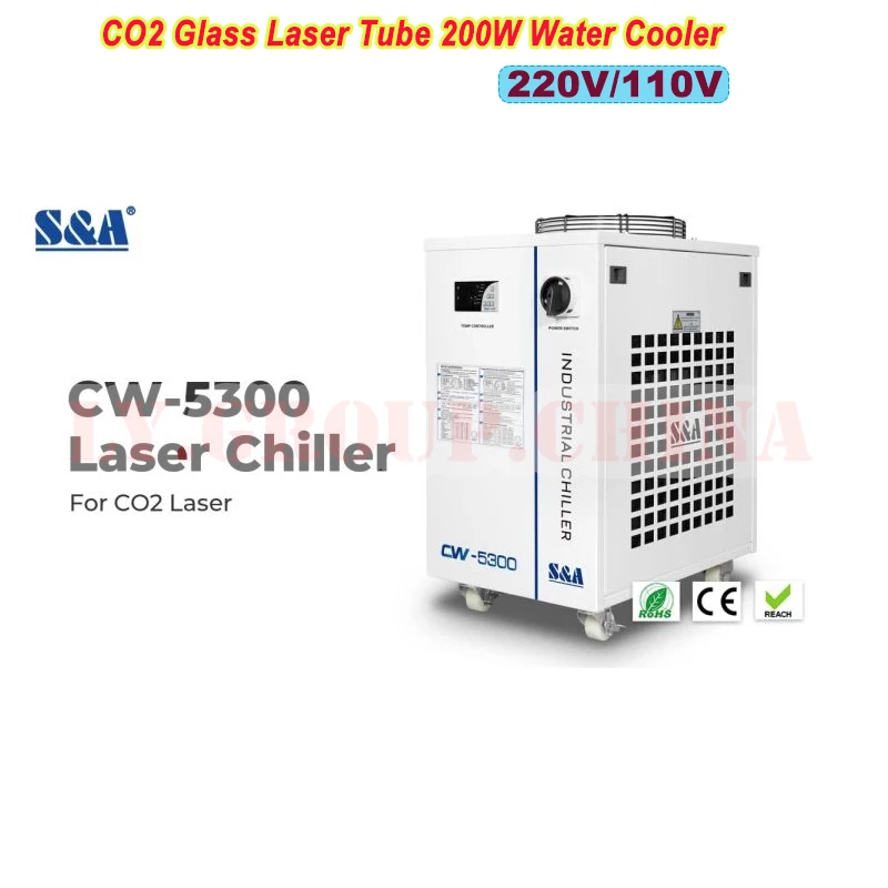 

CW-5300 Air Cool Chiller for CO2 Laser Engraving Machine Thermolysis Industrial Water Cooler 200W Glass Tube CNC Spindle Cooling