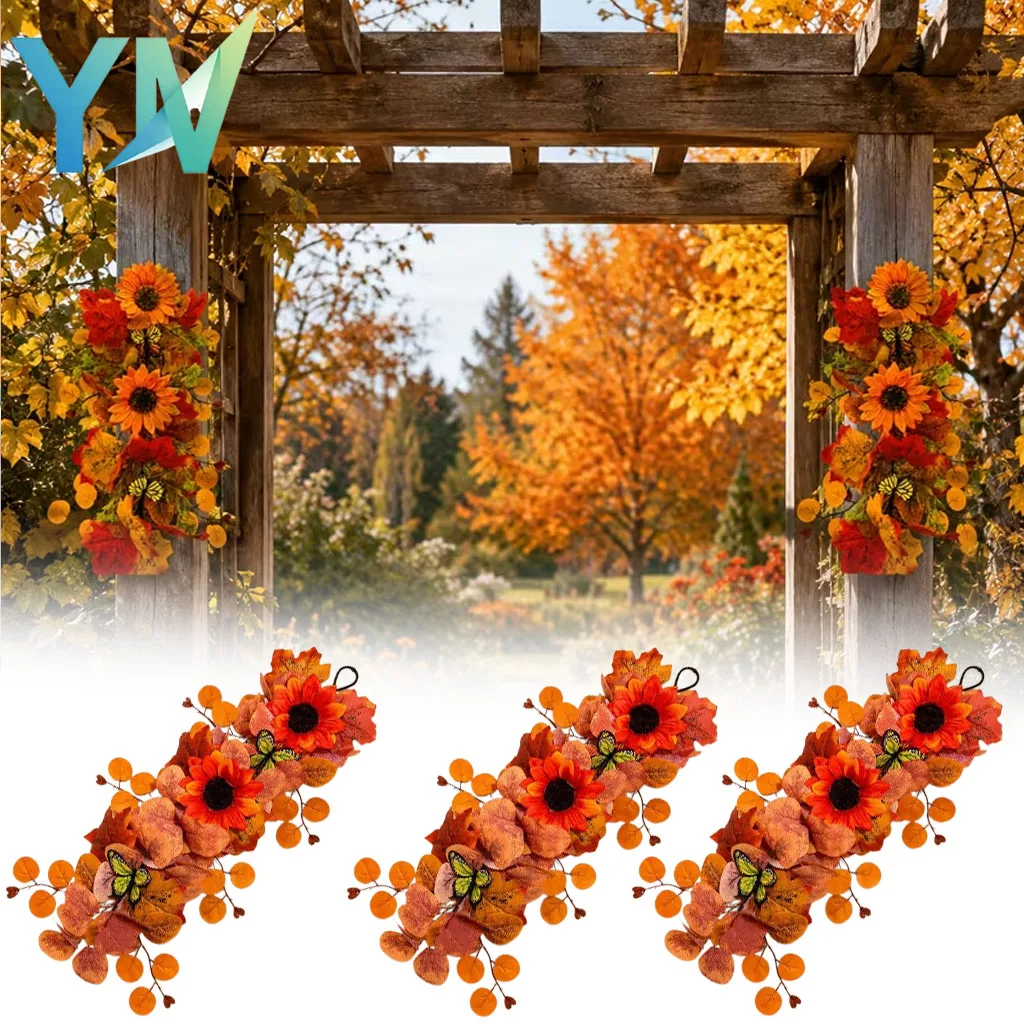 1-5pcs Autumn Door Hanging Fall Maple Leaves Sunflowers Vine Butterfly for Porch Fence Window Outdoor Patio Decoration