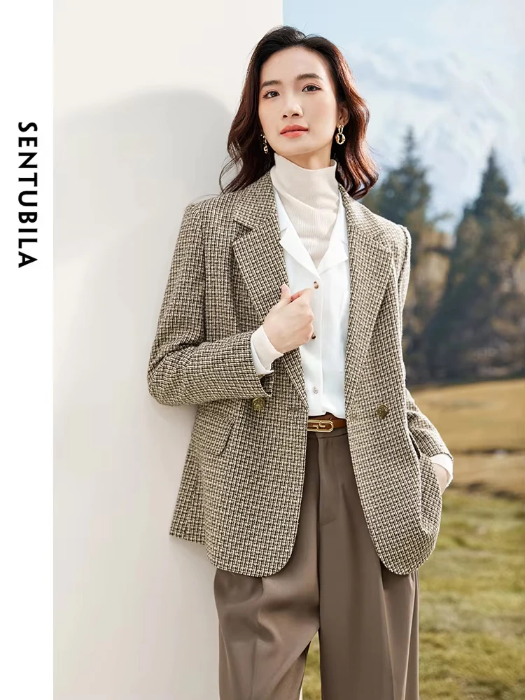 SENTUBILA Vintage Plaid Blazer Women Straight Tailored Coat 2024 Autumn Winter Double Breasted Office Lady Outerwear 133X52316