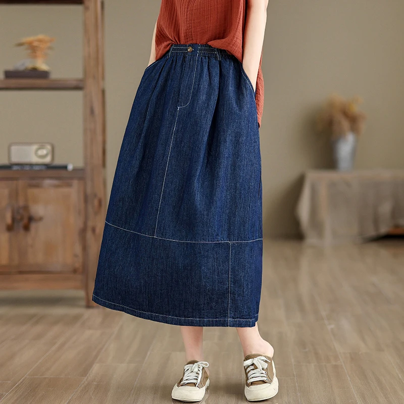 

Summer New Blue Splice Waed Large Size Denim f Skirt Women's Midi Artistic Flower Bud A-Line Skirt Thin Easy to Wear