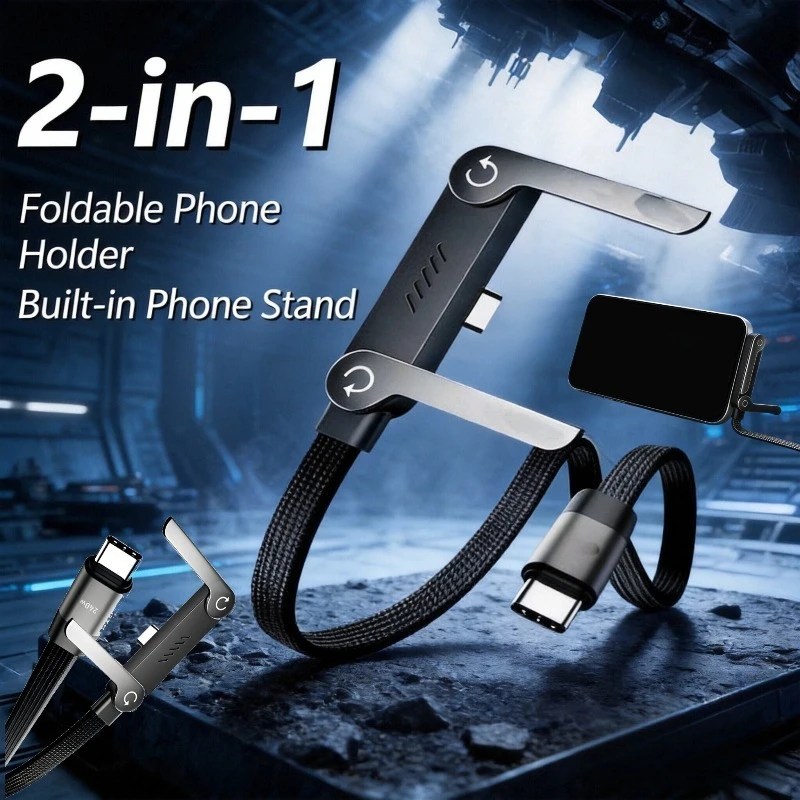 Cabo de carregamento trançado 2 em 1, suporte portátil para celular, carregamento rápido de alta velocidade, tipo USB C para USB C, cabo de carregamento rápido com suporte de mesa.