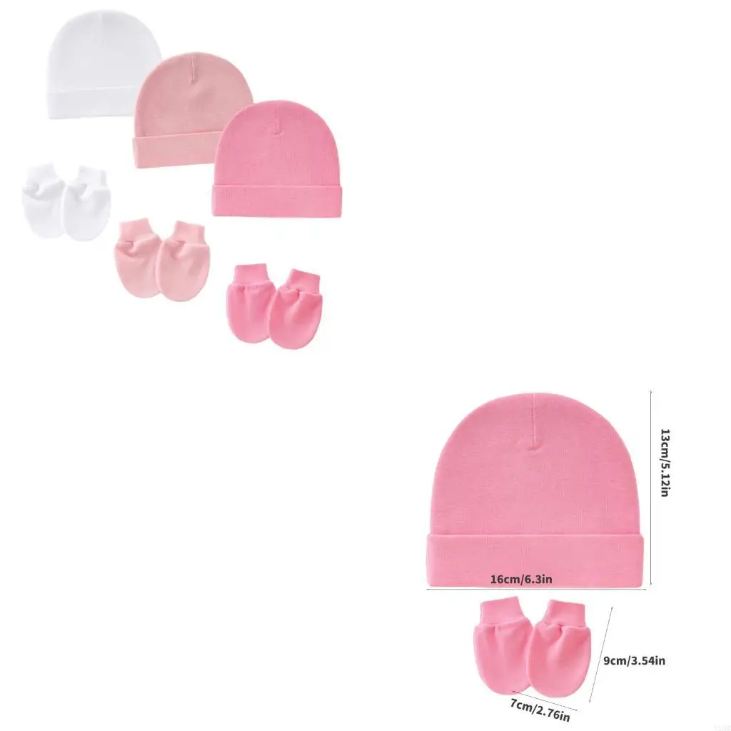 

3 набора новорожденных хлопчатобумажная шляпа и рукавица мягкая дышащая ткань упругие из эластичные плодные крышки складные для