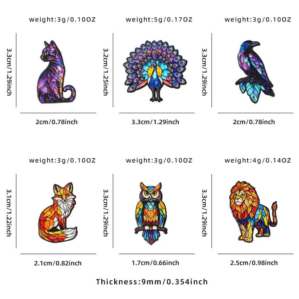 6pcs Stained Glass Animal Enamel Pins Set - Fox Lion Owl Peacock Cat Crow Metal Brooches for Backpack Decor Gift
