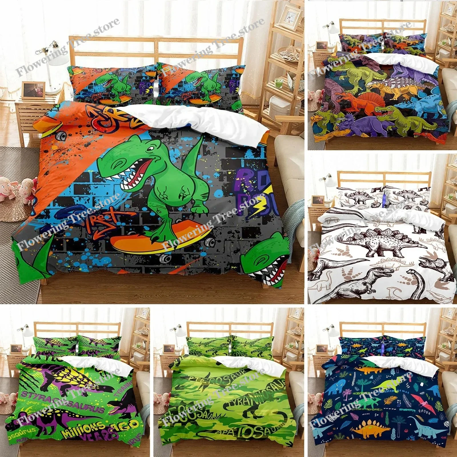

Dinosaur Duvet Cover Set Kids Bedding Set FullQueen Size 3D Cartoon Animal Duvet Cover for Boys Girl Children Color Quilt Cover