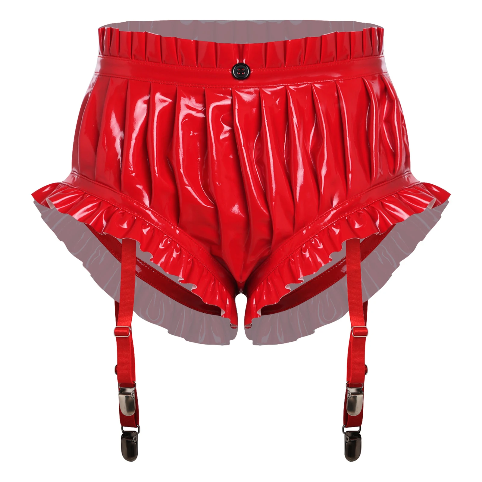 Damen PU-Leder Latex-Shorts mit Rüschenbesatz, Strumpfhalterclips, geraffter Bloomer, Unterwäsche, Rave-Party-Outfit, Lingerie-Unterteil, Clubwear – Detail 15