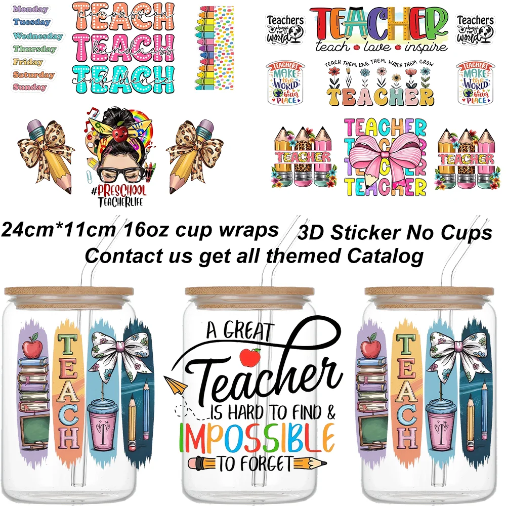 Teacher`s Day Themed UV DTF Cups Wraps Libbey 16oz Cup Transfer Waterproof Teacher Quotes Words Style 3D Stickers