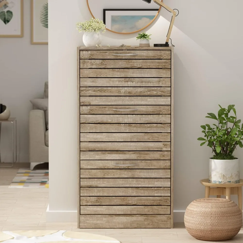 

Shoe Storage Cabinet with 3 Flip Drawers for Entryway, Freestanding Shoe Rack Shoe Organiazer with Louver Drawers, Wood Color