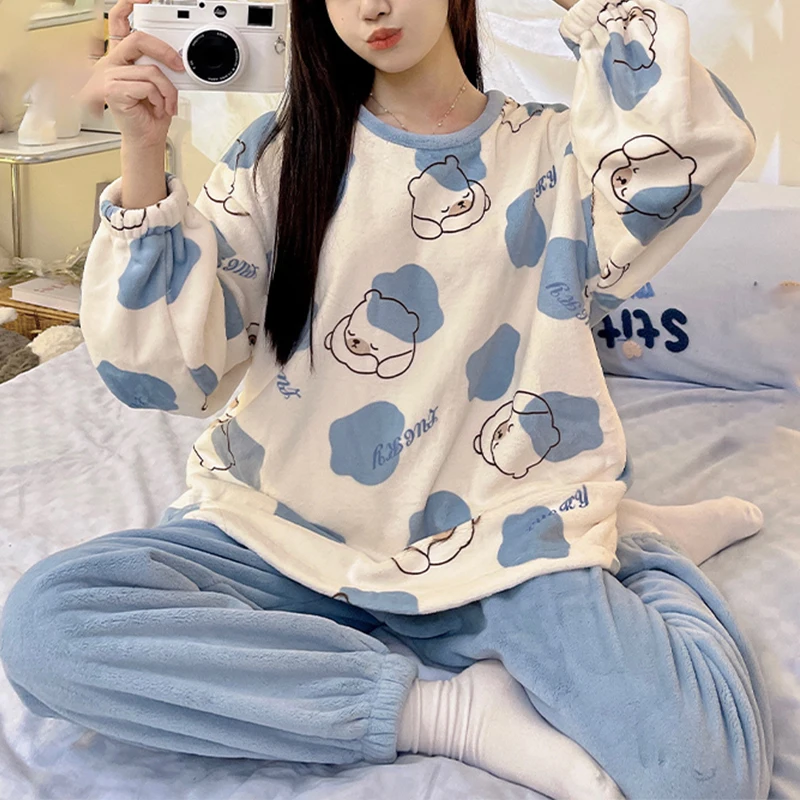 Winter Flannel Sleepwear Women\'s Pajamas Set Thickening Home Clothes Round Neck Long Sleeve 2 Pieces Set Cute Printing Home Suit