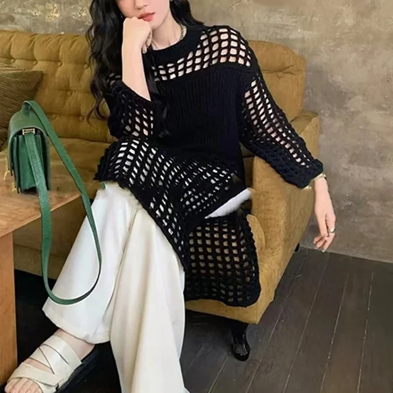 summer Smock dresses autumn Women's Knitted Sweaters dress Lady Hollow Out Mesh Pullover See Through Look Long Sleeve Loose Tops