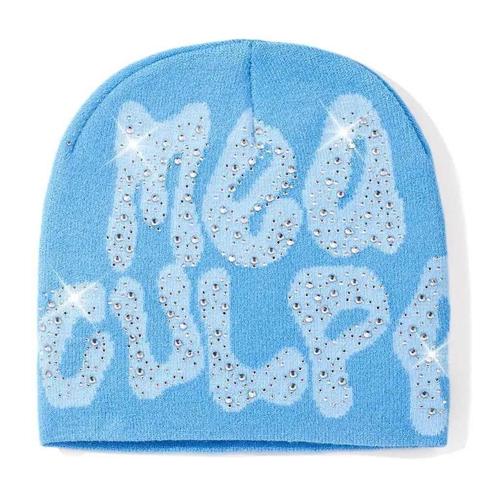 Błyszcząca MEA Culpa czapka beanie z Rhinestone dla kobiet mężczyzn Y2k czapki Hip-hopowa miękka rozciągliwa ciepła dzianinowa czapka z daszkiem