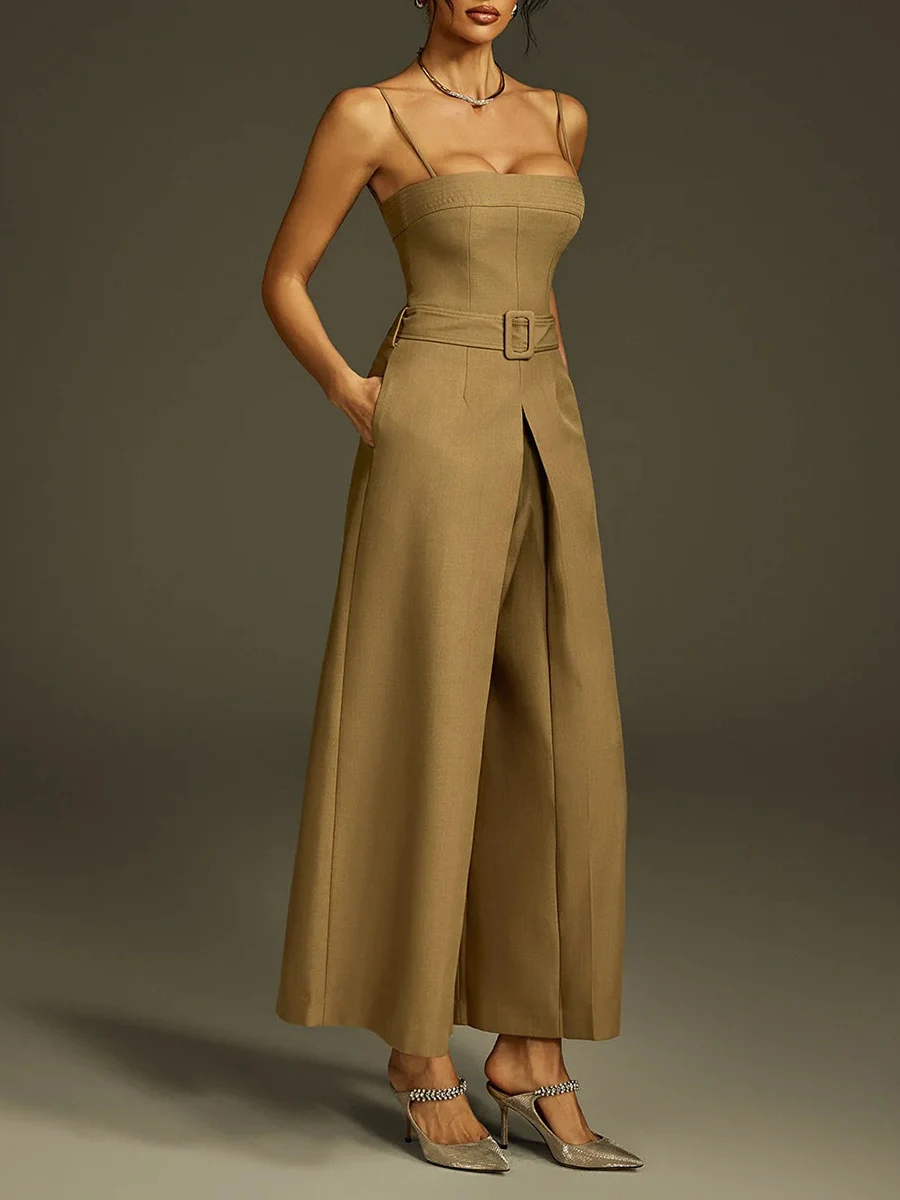 VGH 우아한 솔리드 슬리밍 점프 슈트 여성용 스퀘어 칼라 민소매 하이 웨이스트 스플라이스 벨트 캐주얼 통근 점프 슈트 여성