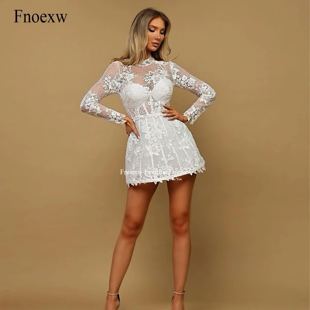 

Fnoexw Lace Appliques Wedding Dress Vestido High Neck Short Bridal Gown Corset Back Long Sleeves Vestidos De Novia Wedding Gowns