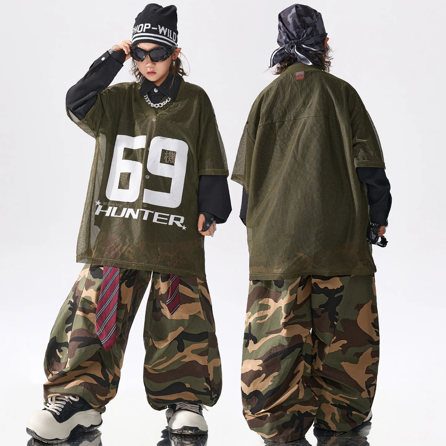 Children Boys Girls Streetwear Hip Hip Oversize Sport Mesh T-shirt Cargo Pant Sets Kids Tee Trousers Stage Show Clothes Costumes