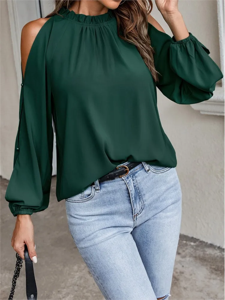 Spring Autumn New Casual Clean Color Lotus Leaf O-neck Shirts Tops Women's Long Sleeve Pleated Off Shoulder Fashion Woman's Top