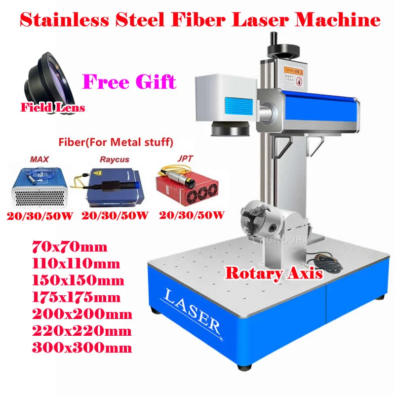 50W 30W 20W Raycus Max Stainless Steel Fiber Laser Marking Machine Metal Jewelry Engraving Engraver with Rotary Axis and Lens