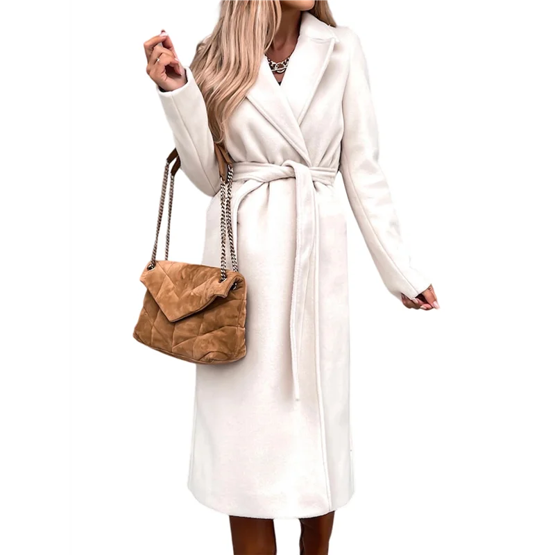

B08B-Women's Notched Lapel Long Sleeves Slim Mid-Long Wool Blend Outerwear Casual Fall Winter Coats With Belt White S
