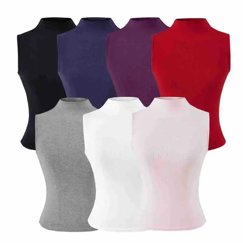 2602 26 Short Cropped Cashmere Feel Mock Neck Sleeveless Top Basic Layering Tee Summer American Style Slim Fitting Undershi