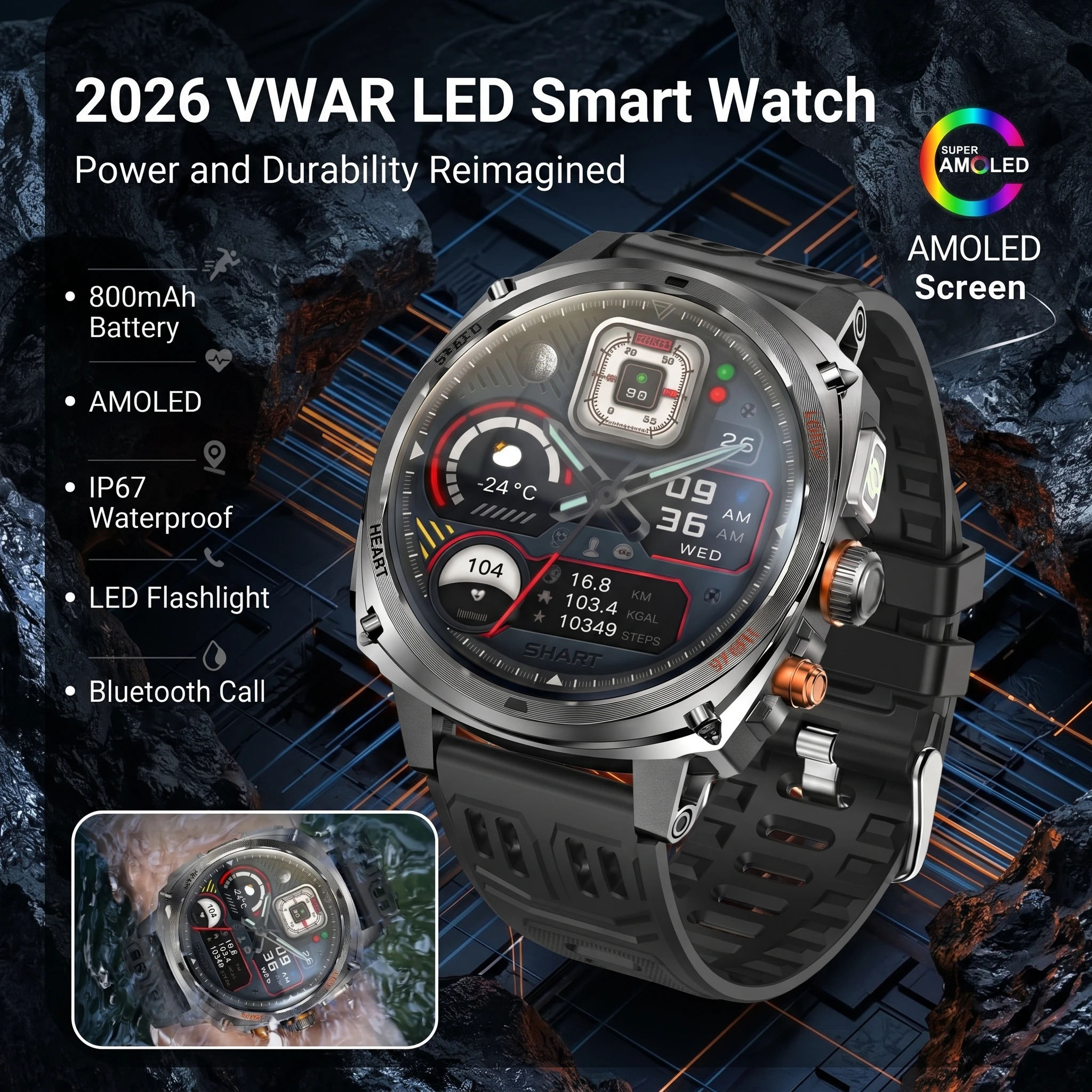 2026 Outdoor Rugged Smart Watch 1.75“ Inch AMOLED Screen 800mAh Battery IP67 Waterproof LED Flashlight Heart Rate Smartwatch Men