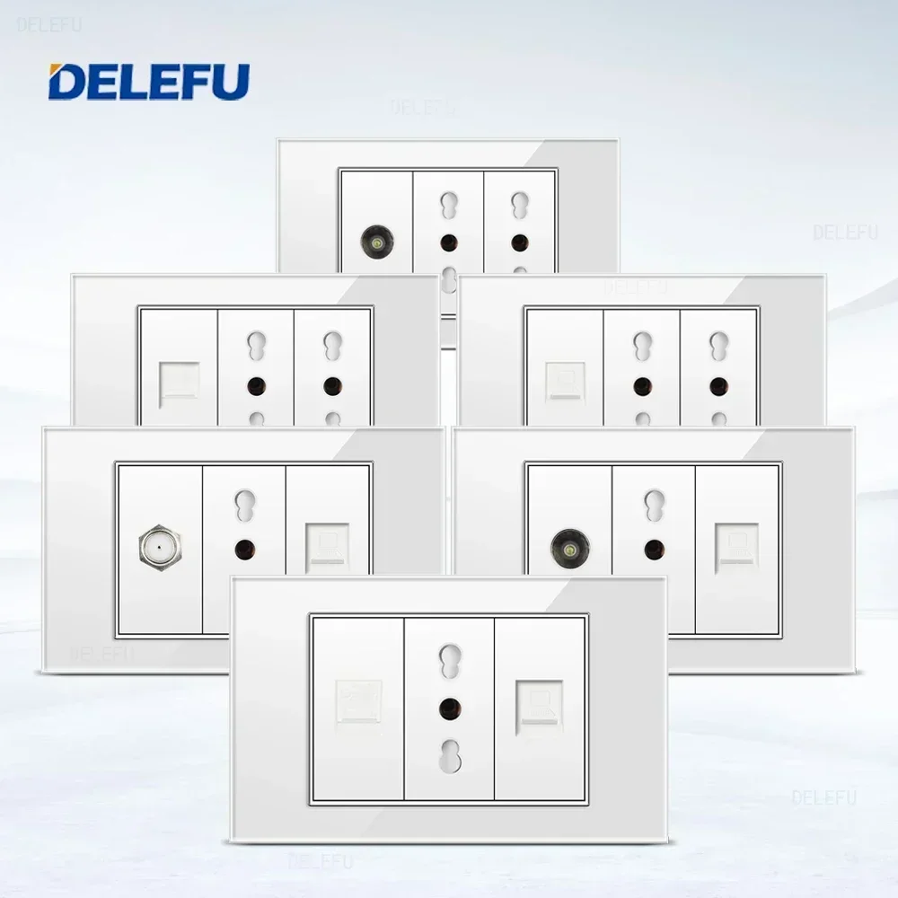 DELEFU White Glass Panel Italian Standard 118*74mm TEL CAT5E CAT6 TV Satellite Wall Socket