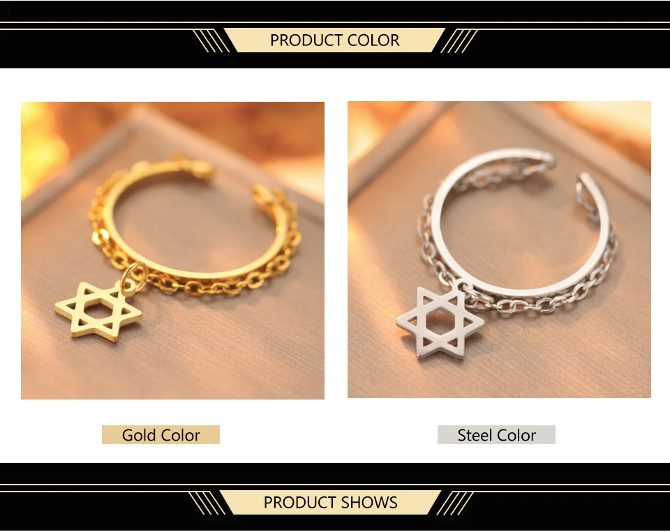 Dawapara Vintage Stern Kette Quaste Verstellbarer Ring Hexagramm Pentagramm Kreuz Charm Edelstahl Damen Schmuck – Detail 3