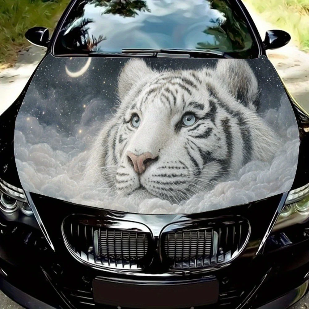 

White Tiger Clouds Car Hood Sticker PVC Self Waterproof Stick, Striking Auto Exterior Accessories Decor Protect Gift for Lover