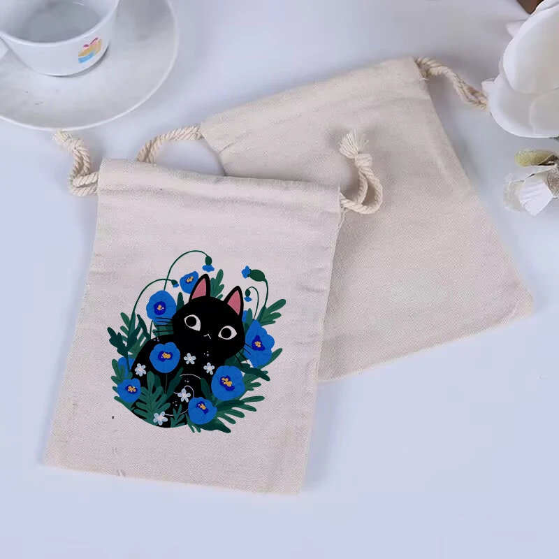 

10pcs/Black Cat Flower Element Series Cotton Small Drawstring Bag, Household Small Item Storage Bag, Travel Portable Bag