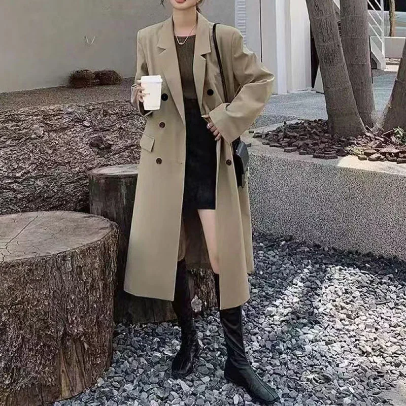 Cinza sólido harajuku casaco longo solto feminino trench primavera outono 2024 nova moda coreana popular casual acessível trench coats