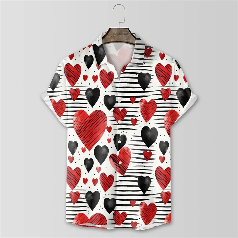 Fashion Hawaii Valentines Heart Retro Shirt Men Flower Casual Plus Size 3d Print Short Summer Male Blouse Social Men's Clothing