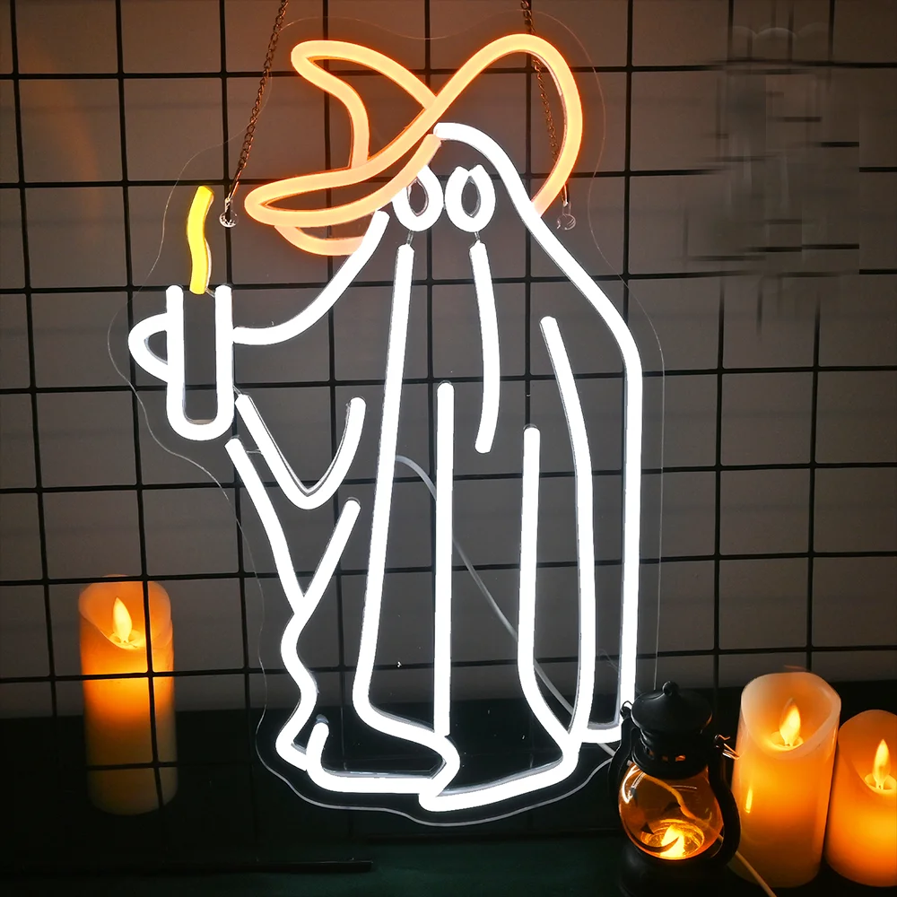 Ghost With Witch Hat Neon Sign LED Lights Halloween Room Decoration Spooky Logo Gothic Lamp Bedroom Bar Party Wall Light Up Sign