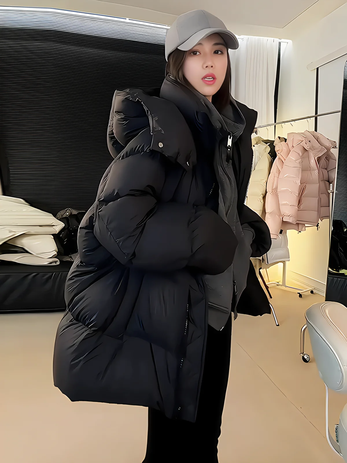 Winter Thickened Warm Black Zipper Hooded White Duck down Jacket Women's Fashionable Coat Stylish Commute Style Regular Length