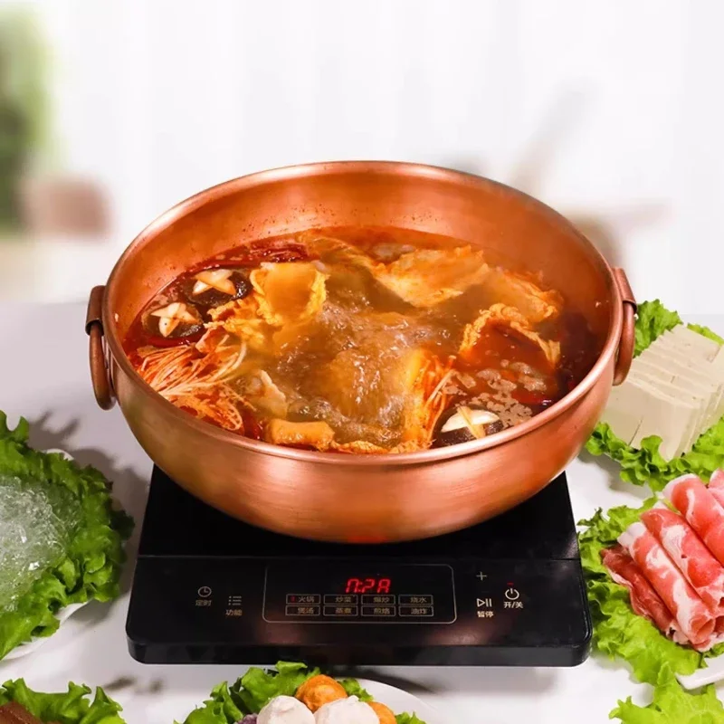 Solid Handle Pure Copper Hot Pot,Electromagnetic Induction&Stove Compatible,Double Layer Mutton Shabu Pot,Cabbage Pickle Hot Pot