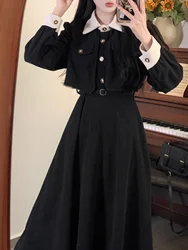 Elegant Large Size Faux Two-Piece Long Sleeve Dress Autumn Winter Slimming Long Skirt Hepburn Little Black Dress Casual Style