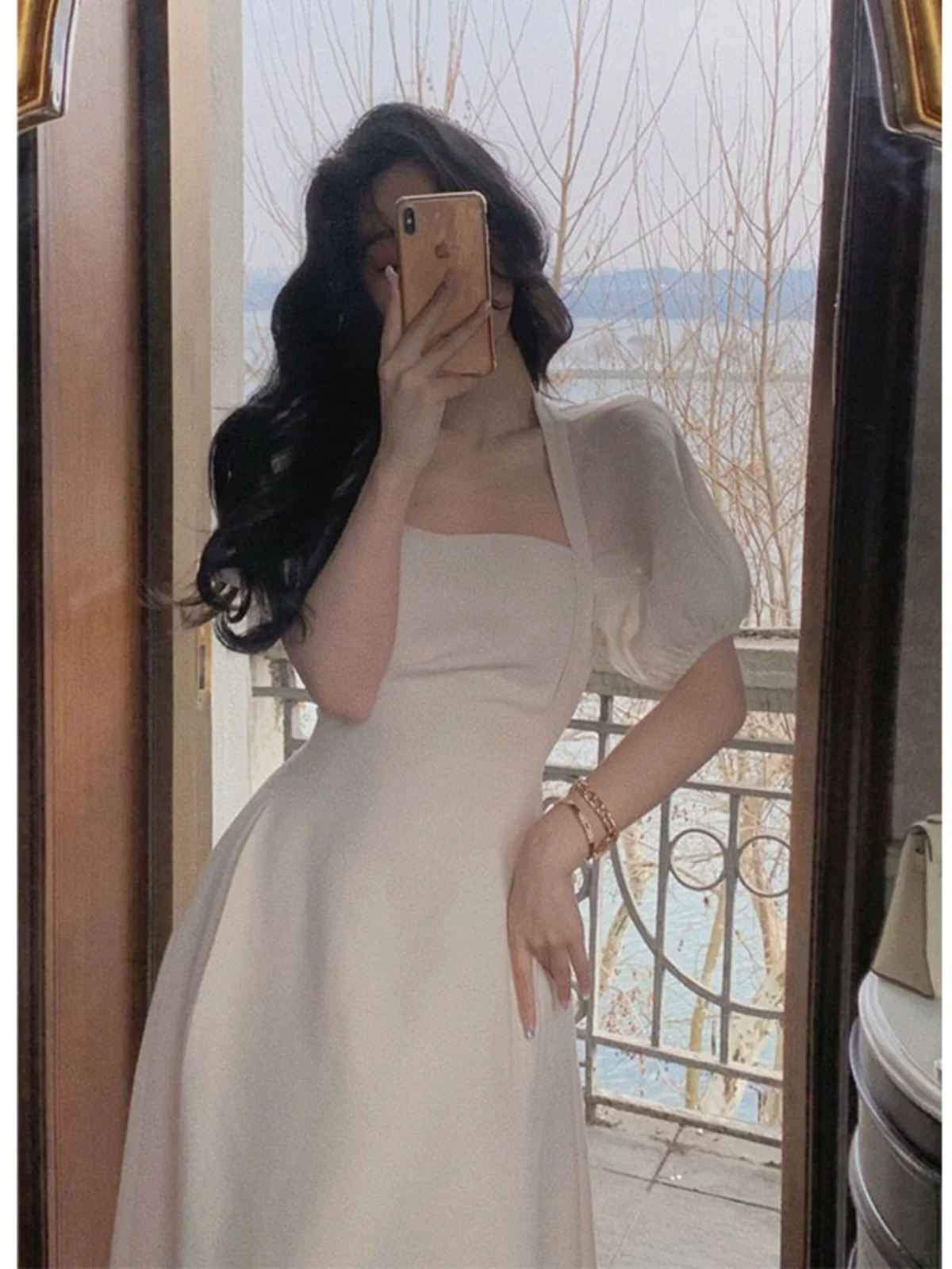 

Элегантное женское платье с пышными рукавами и длинной юбкой, с завышенной талией, А-силуэт, для вечеринок, свадеб и юбилеев