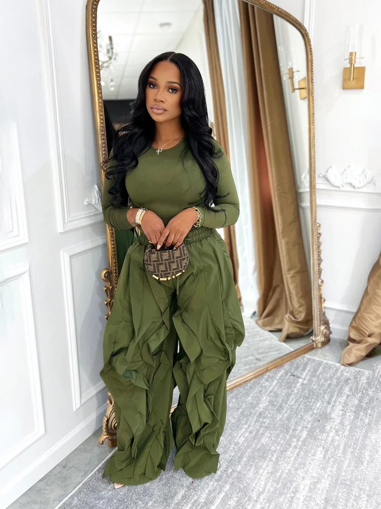 Wmstar 2 Piece Sets Wholesale Fitted Top Wide Leg Lace Pants Commuting Autumn and Winter Set Solid Matching Suit Drop Shopping