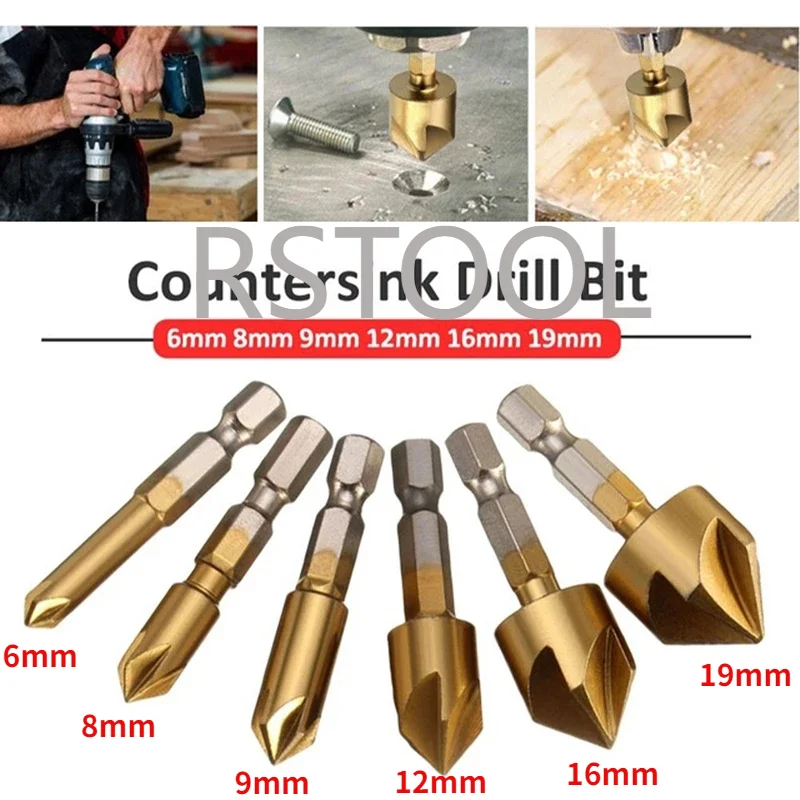 3pcs 6pcs HSS punta per smusso svasatore smusso punta da trapano 1/4 "codolo esagonale 90 gradi taglierina per smussatura legno 6mm-19mm