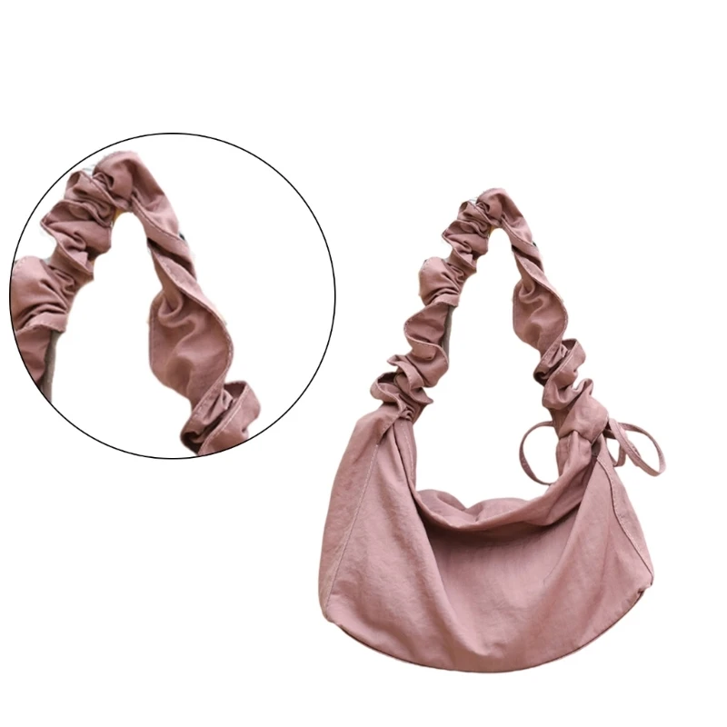 E74B Women Casual Solid Nylon Shoulder Handbag Adjustable Strap Fashion Pleated Drawstrings Crossbody Bag Underarm Purse