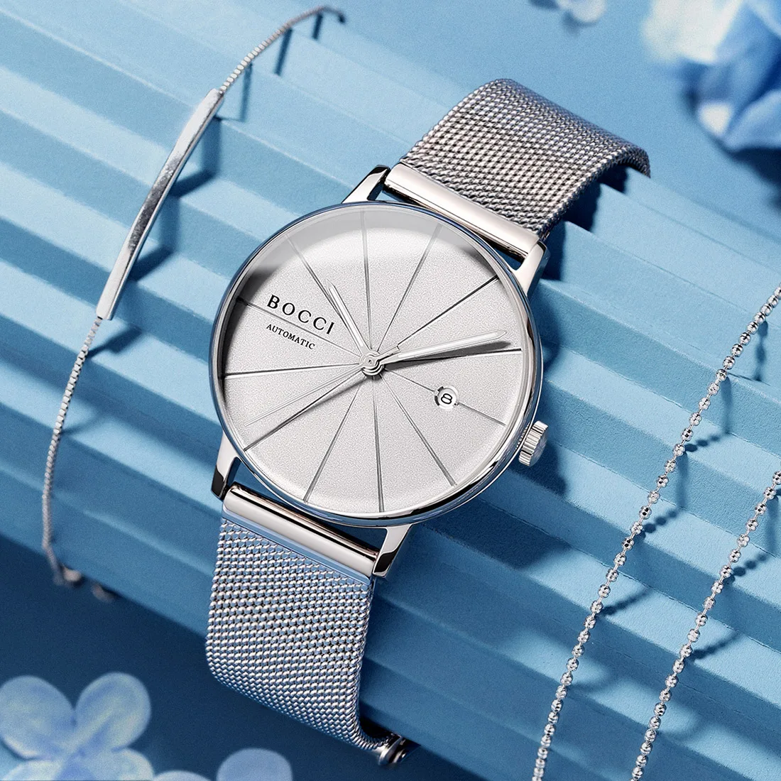 

BOCCI Womens Automatic Watch Analog Stainless Steel Mesh Band Casual Fashion Ladies Wrist Watches Birthday Anniversary Christmas