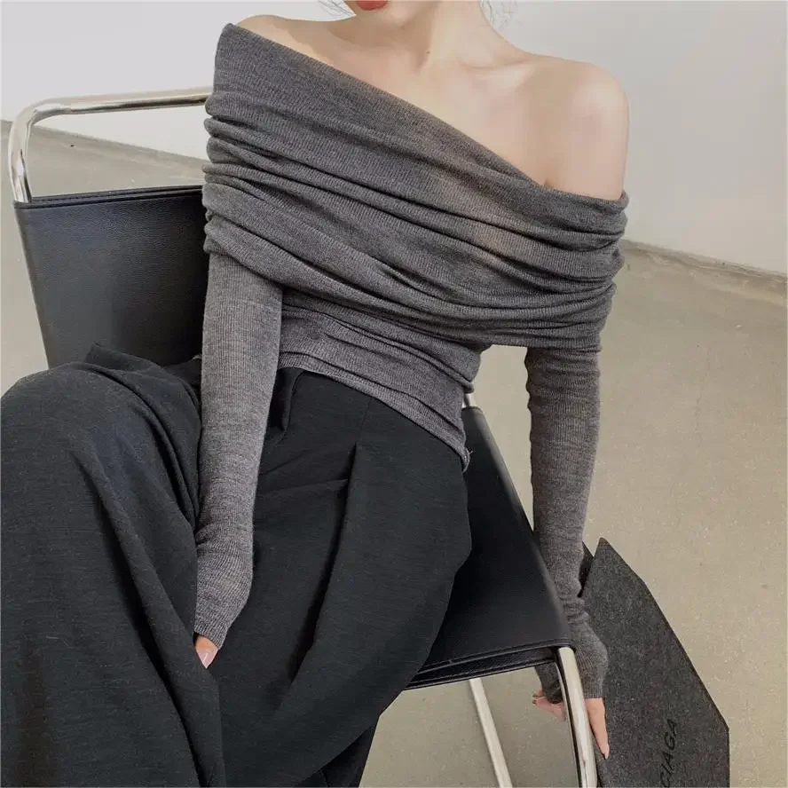 Off Shoulder Knitted Sweater Women Korean Style Elegant Long Sleeveed Slim Female  Sexy Thin Pullover