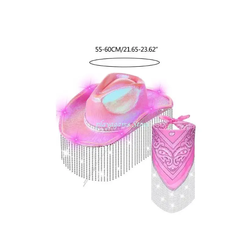 مجموعة Y88A Trend Cowgirl Hat ووشاح الرقبة قبعات رعاة البقر واسعة الحواف لحفلات الزفاف #6