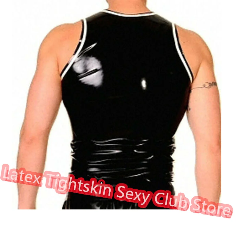 

Латексная мужская рубашка без рукавов ручной работы, мужские сексуальные топы, резиновая майка, жилет с белой отделкой, карнавальный костюм