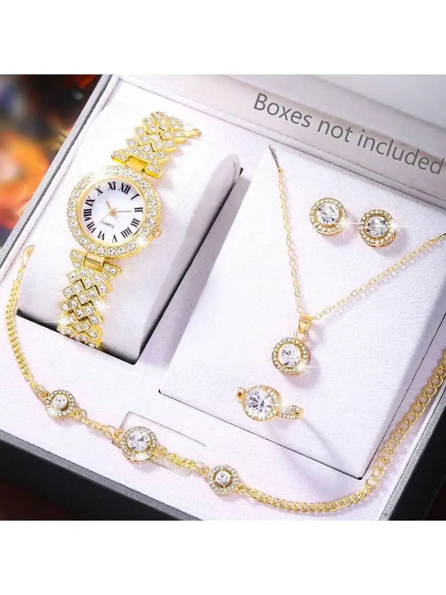 

Womens Rhinestone Watch Set With Necklace Earrings Bracelet Ring Fashion Quartz Watch For Daily Wear Party Gift