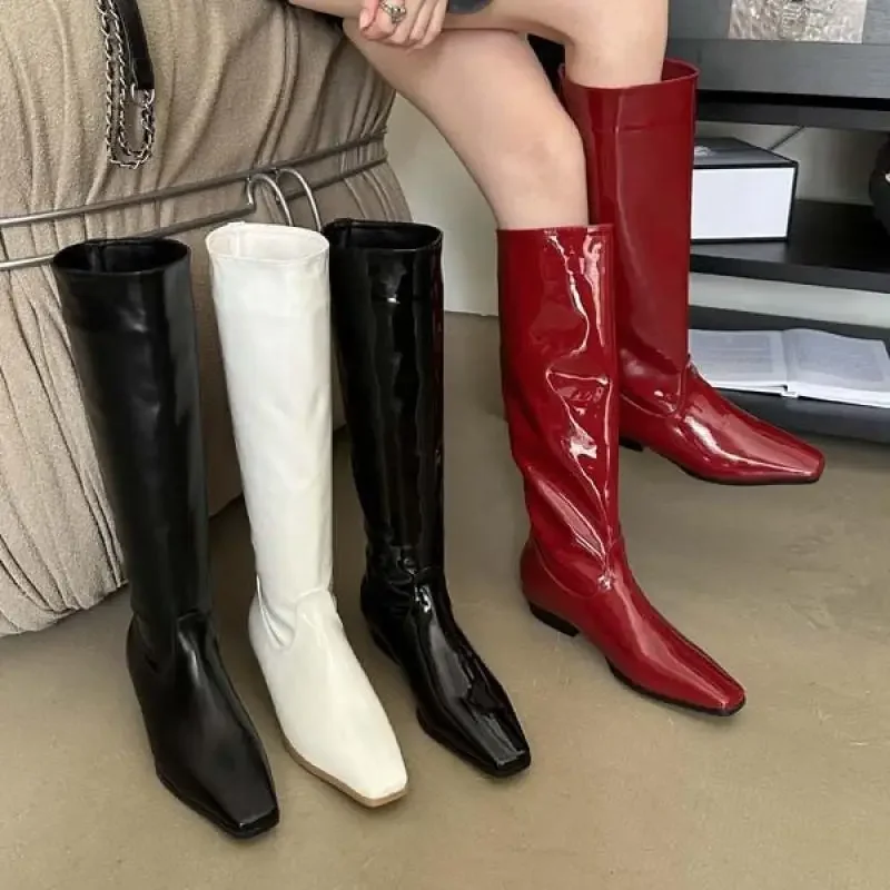 Autumn And Winter 2024 New Low-Heeled High Boots Women's Red Square Head Thick Heel But Knee Fashion Knight Boots