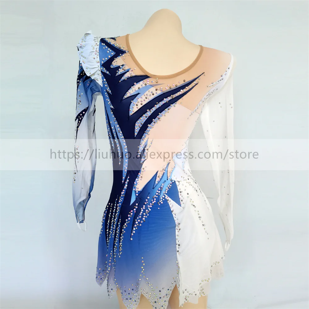 LIUHUO Women Aldult Girl Customize Costume Performance Competition Leotard Ice Figure Skating Dress Roller Gradient Blue White