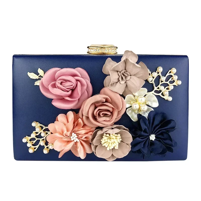 

Luxury Blue Flower Evening Bags for Women Sweet 3D Appliques Purse Prom Wedding Party Elegant Clutches Pearl Beading Hand Bags