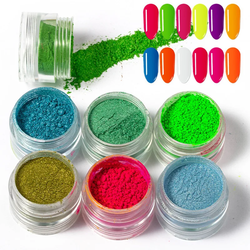 6colors/Set Neon Pigment Nail Powder Net 6-10g Gradient Fluorescence Glitter Powder For DIY Makeup Eyeshadow Chrome Dust PT-123