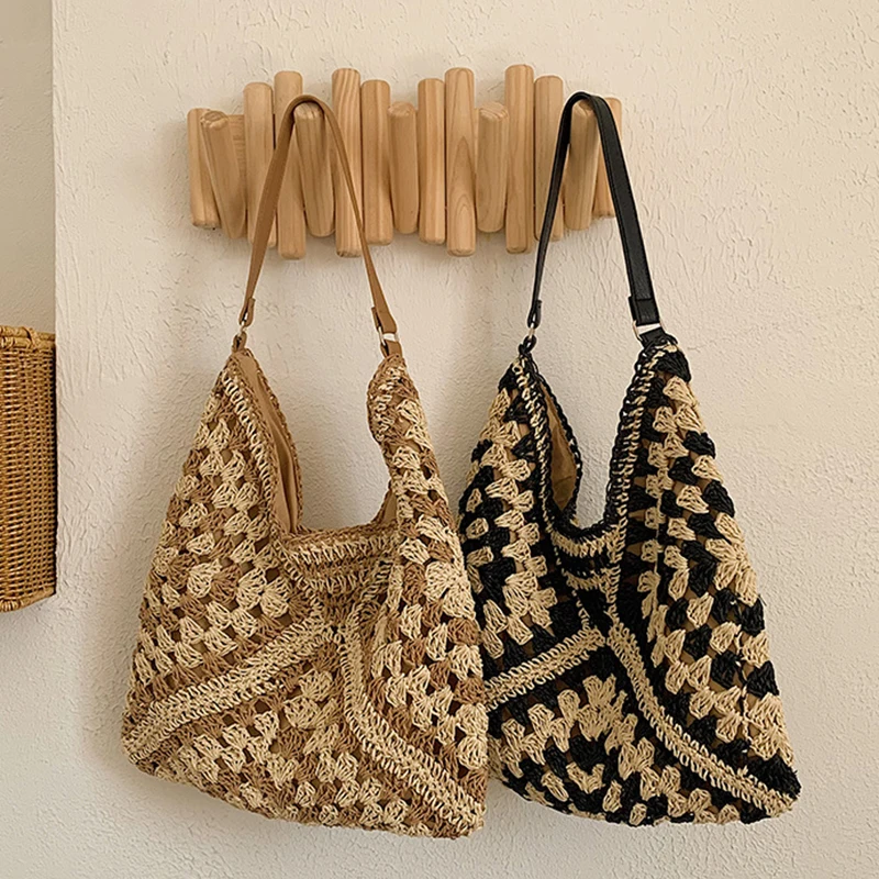 Popular Women's Woven Straw Shoulder Bag Medium Size Handbag With Handle For Beach Vacation