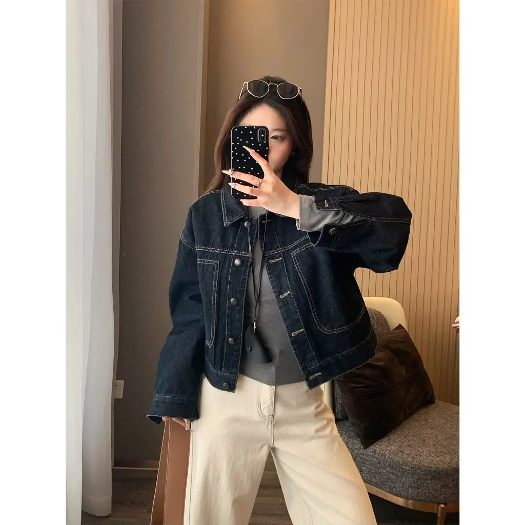 Zedaijai Retro Ming Line Denim Jacket Hong Kong Style Lapel Short Casual Women's Outerwear Spring New 25