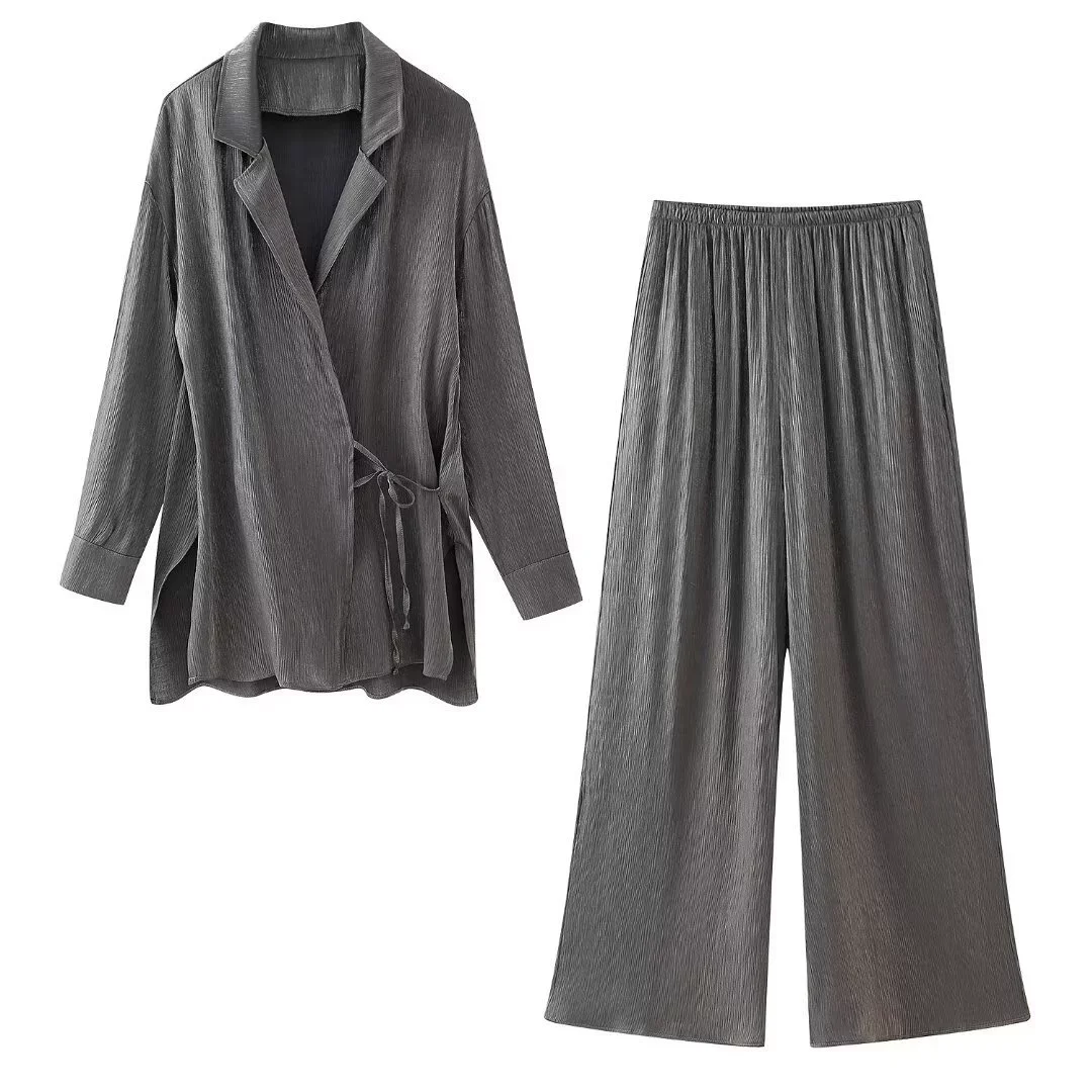 

Summer Vintage Office Lady Solid Lounge Suit Lace-up V-Neck Double Breasted Blazer Wide Leg Pants Pjamas for Women Set Sleepwear