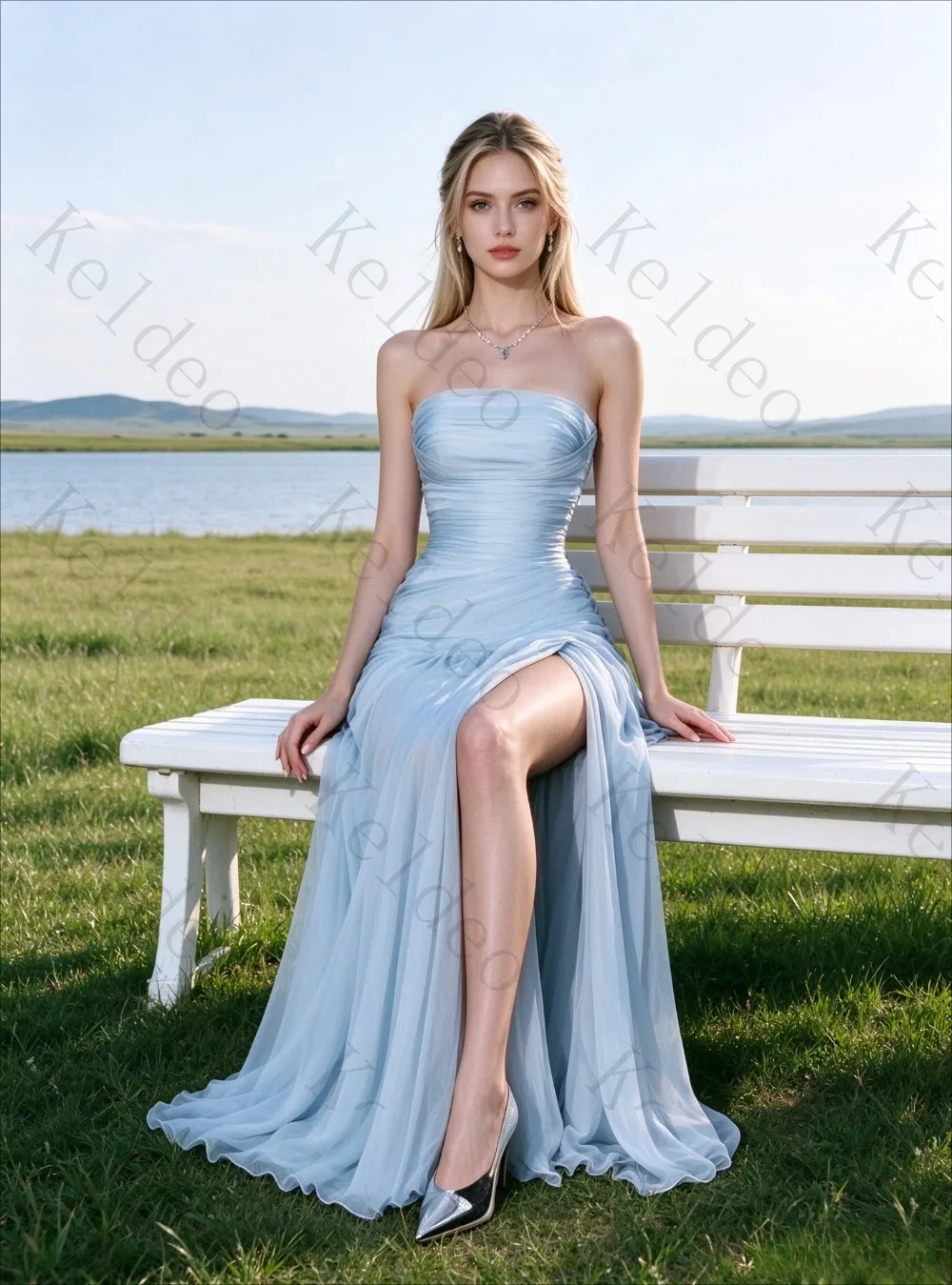 Customized Elegant Strapless Mermaid Evening Gowns with Backless Straps High Slit Chiffon Trailing Banquet Prom Party Dresses